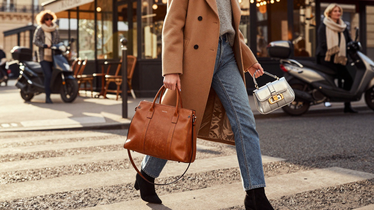 Pessoa a atravessar passadeira com botas pretas, jeans, casaco camel e duas malas, uma castanha grande e outra prateada peque