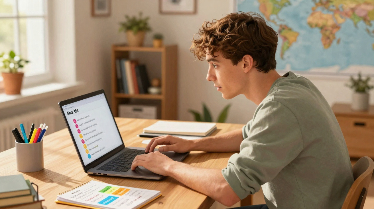 Jovem a estudar com laptop e apontamentos numa mesa numa divisão iluminada e organizada.