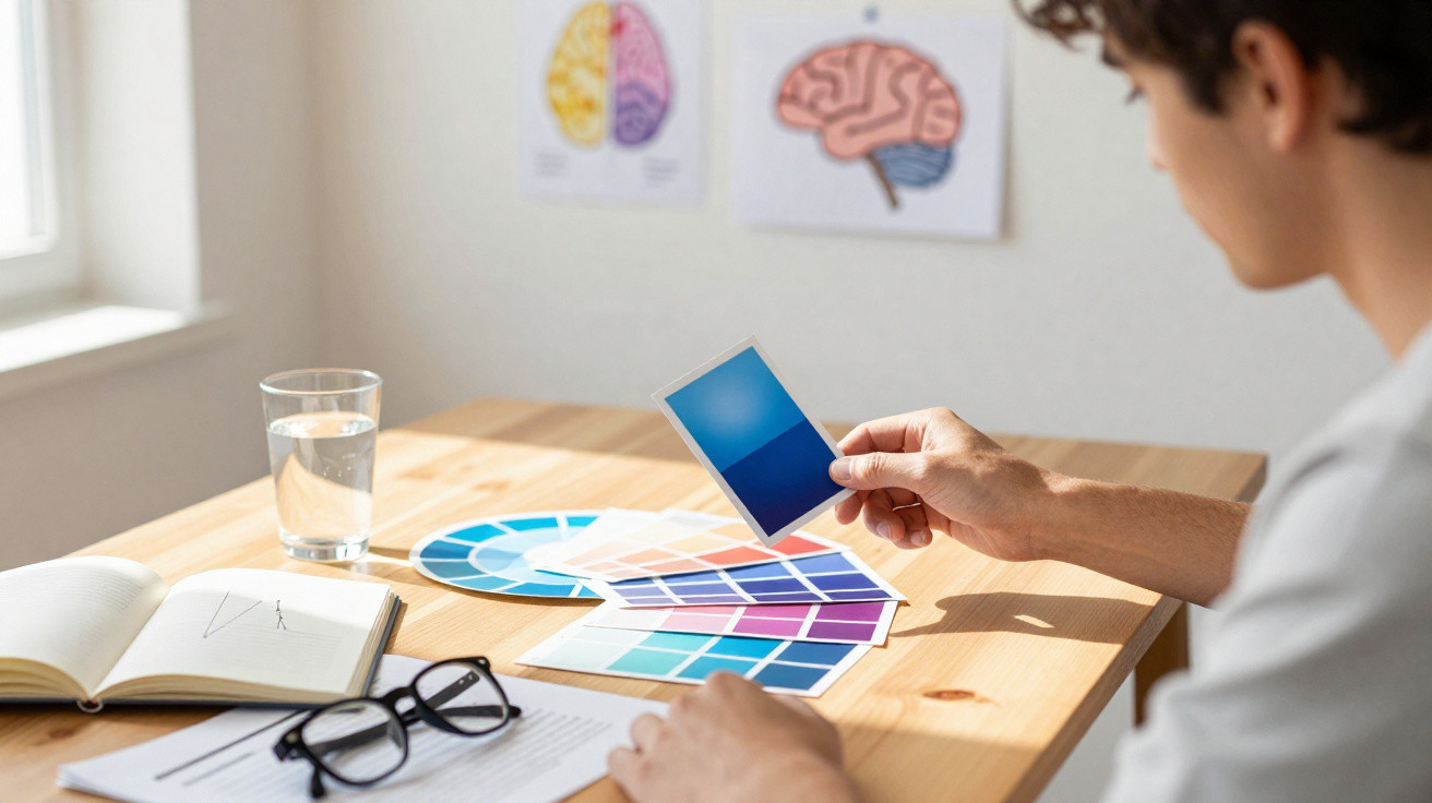 Pessoa a escolher tons de azul numa paleta de cores sobre mesa com copo de água, óculos e cadernos.