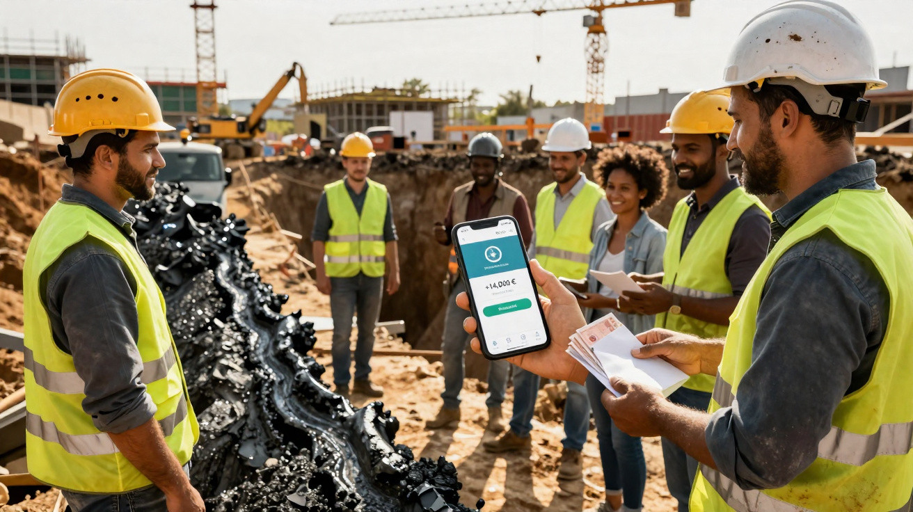 Operários de construção civil em coletes e capacetes numa obra, um deles mostra saldo bancário num telemóvel.
