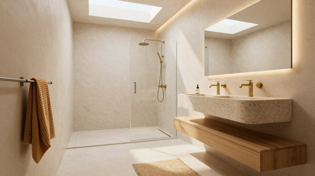 Casa de banho minimalista com cores neutras, chuveiro de parede com vidro, lavatório duplo e iluminação natural.