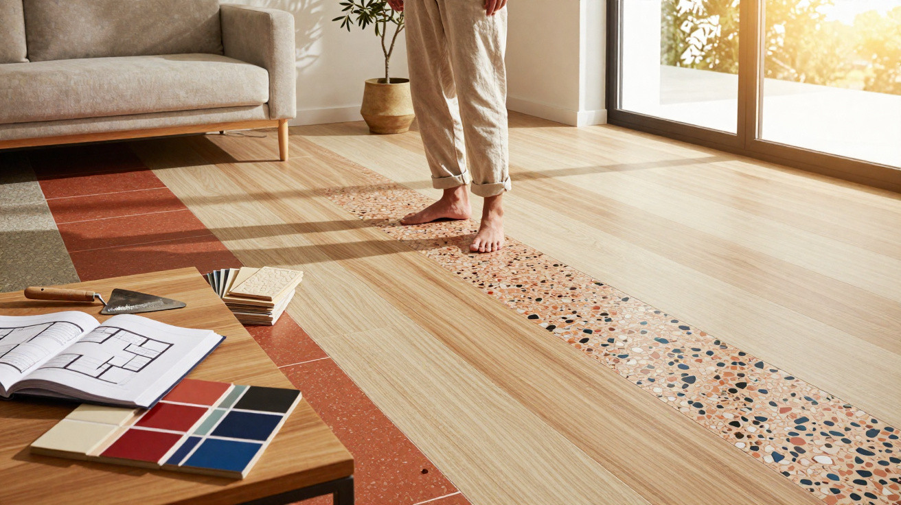 Pessoa descalça numa sala com piso em mosaico e madeira, junto a mesa com plantas e amostras de materiais.