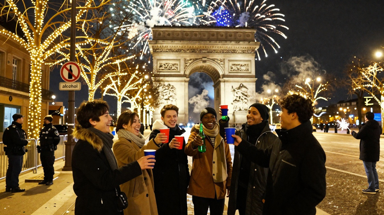 Grupo de jovens a brindar com copos perante o Arco do Triunfo e fogo-de-artifício à noite em Paris.