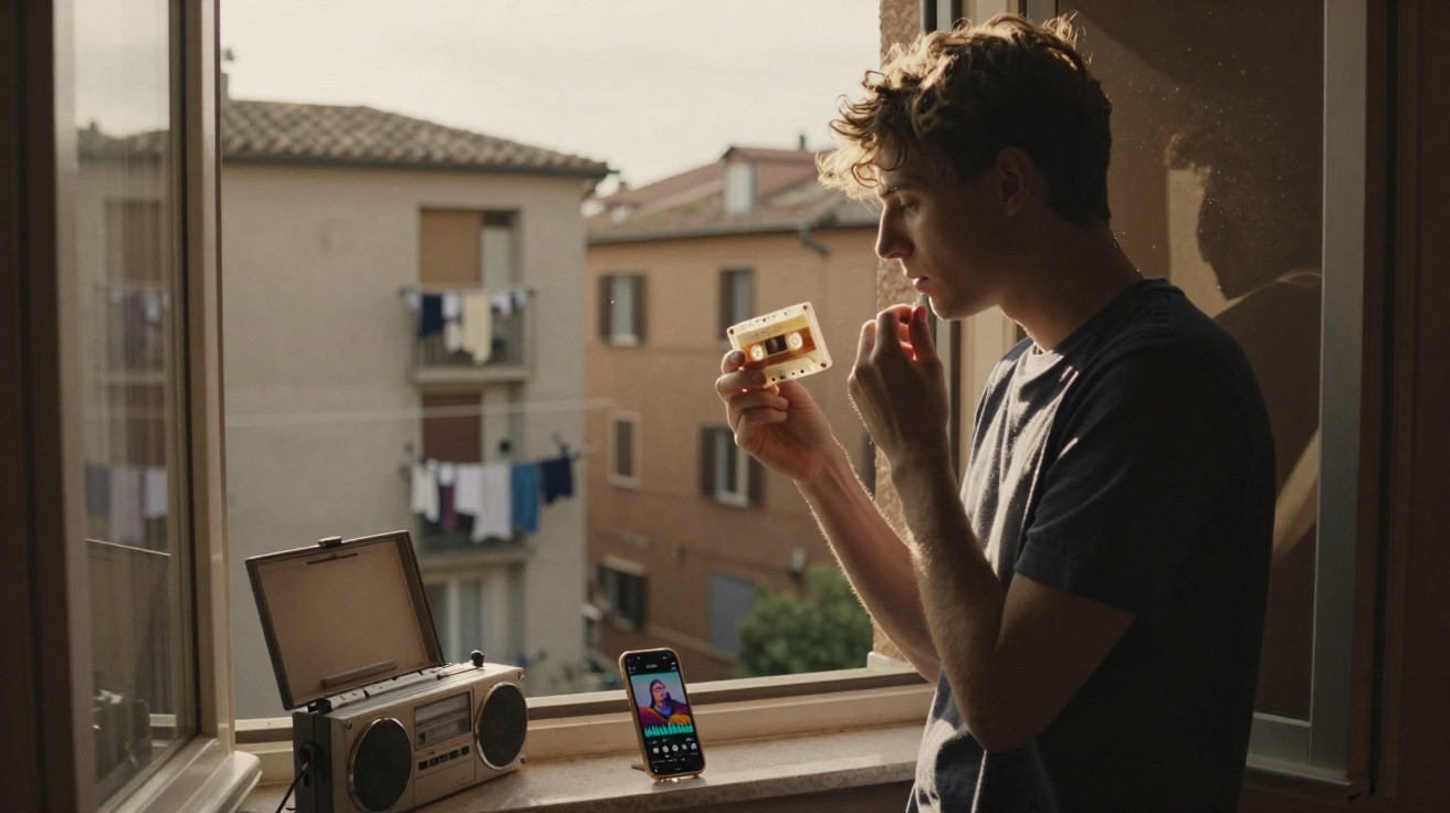 Jovem com uma cassete na mão junto a uma janela aberta, com rádio antigo e telemóvel sobre o parapeito.