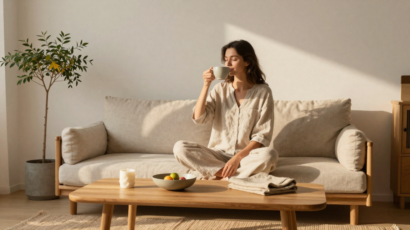 Mulher sentada no sofá a beber chá num ambiente minimalista com luz natural suave.