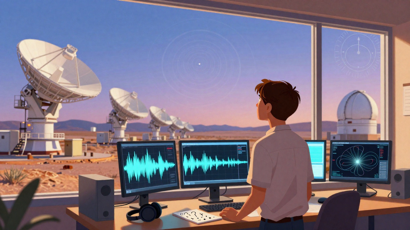 Pessoa observando antenas parabólicas e monitores com gráficos numa sala de controlo durante o pôr do sol.