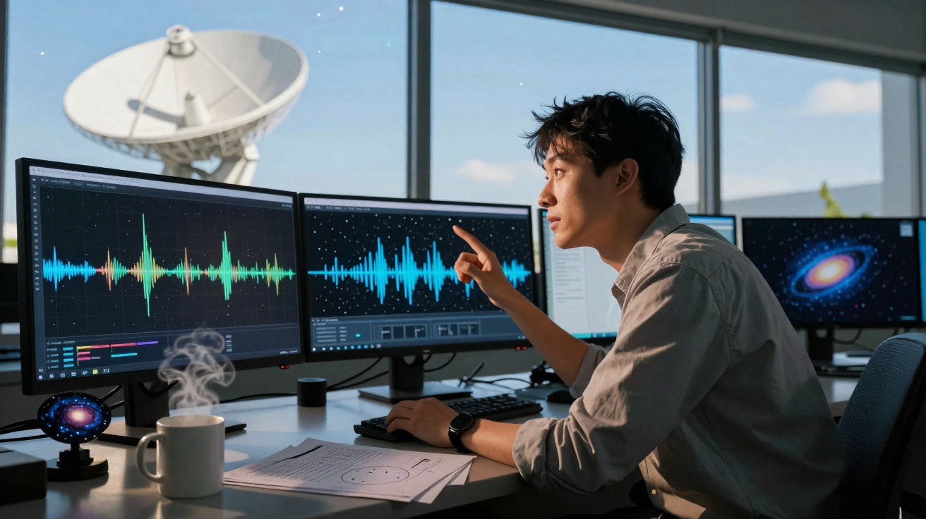 Homem analisa gráficos de ondas sonoras em ecrãs com antena parabólica ao fundo e ambiente de escritório.