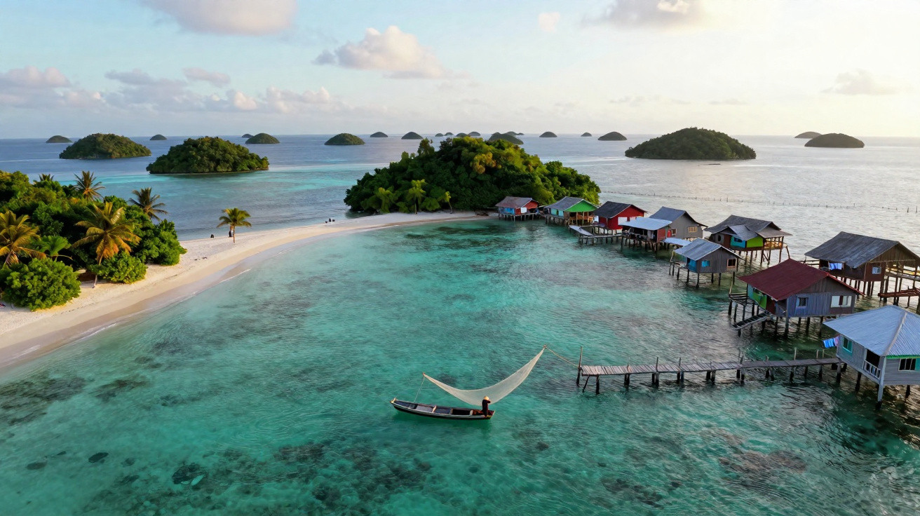 Praia com barcos e casas coloridas sobre a água cristalina em ilhas tropicais rodeadas pelo oceano.