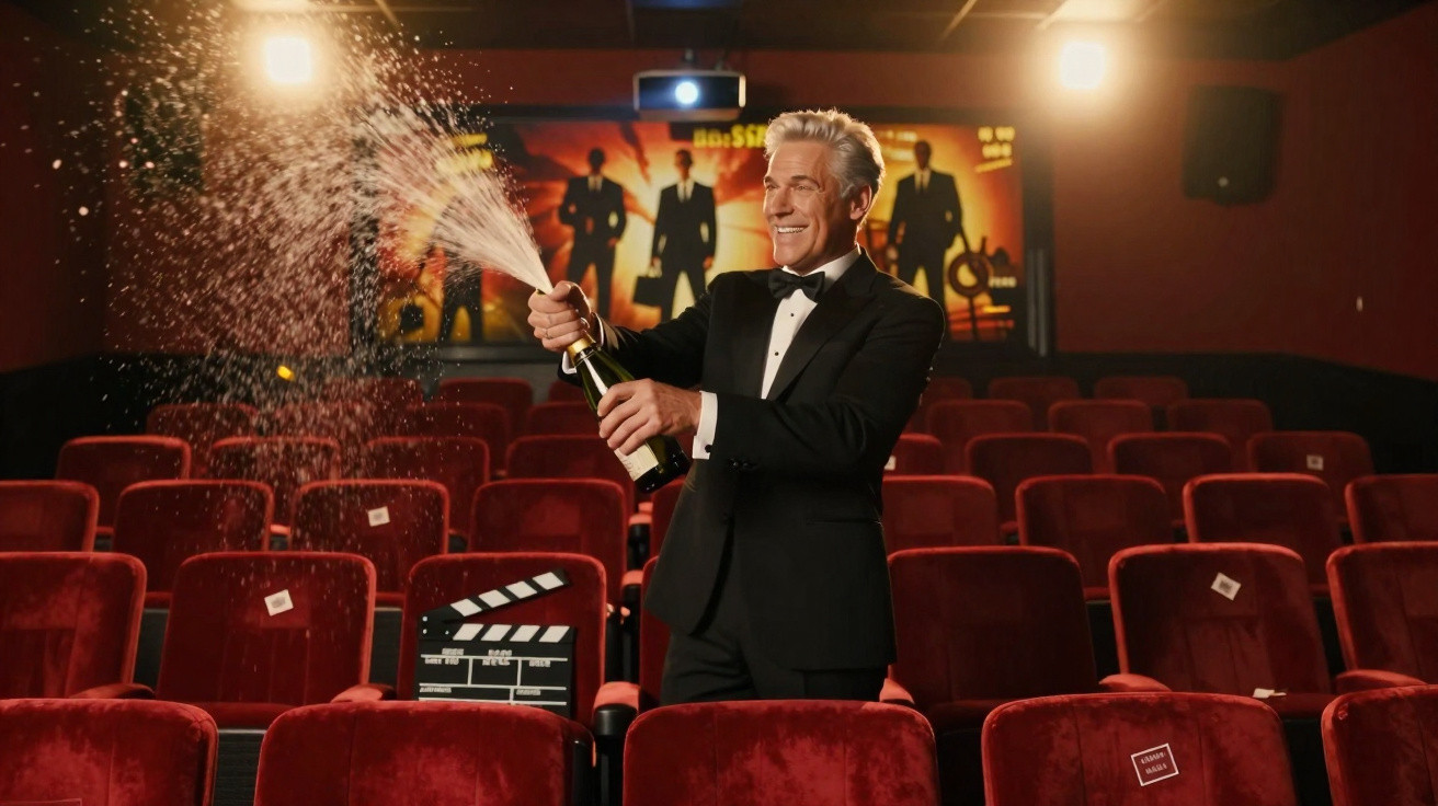 Homem de fato preto estoura champanhe numa sala de cinema com cadeiras vermelhas vazias.
