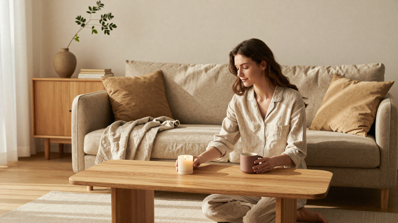 Mulher sentada no chão da sala acende vela numa mesa de madeira, com caneca na mão e sofá atrás.
