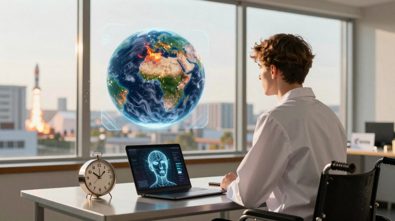 Pessoa sentada à secretária com holograma do planeta Terra e laptop, atrás janela com foguetão a levantar voo.