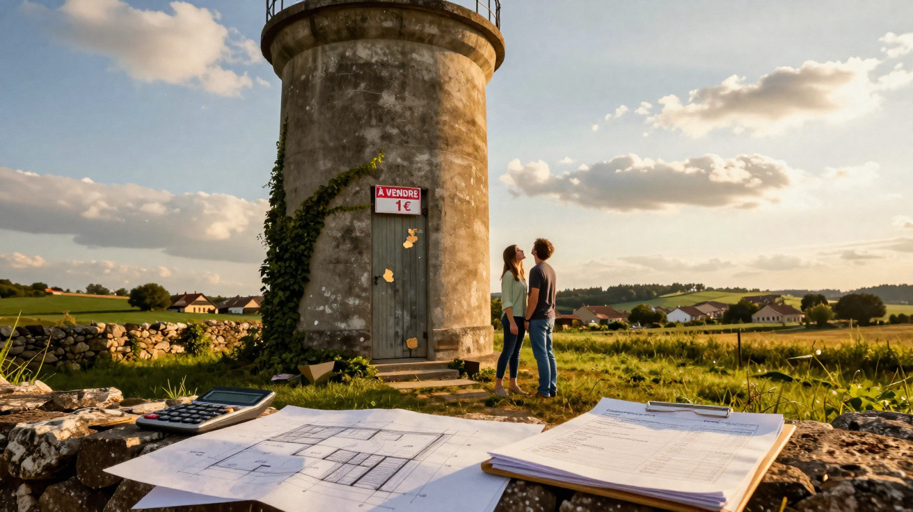 Casal observa torre rural com placa "À venda 1€", plantas e calculadora em primeiro plano ao pôr do sol.