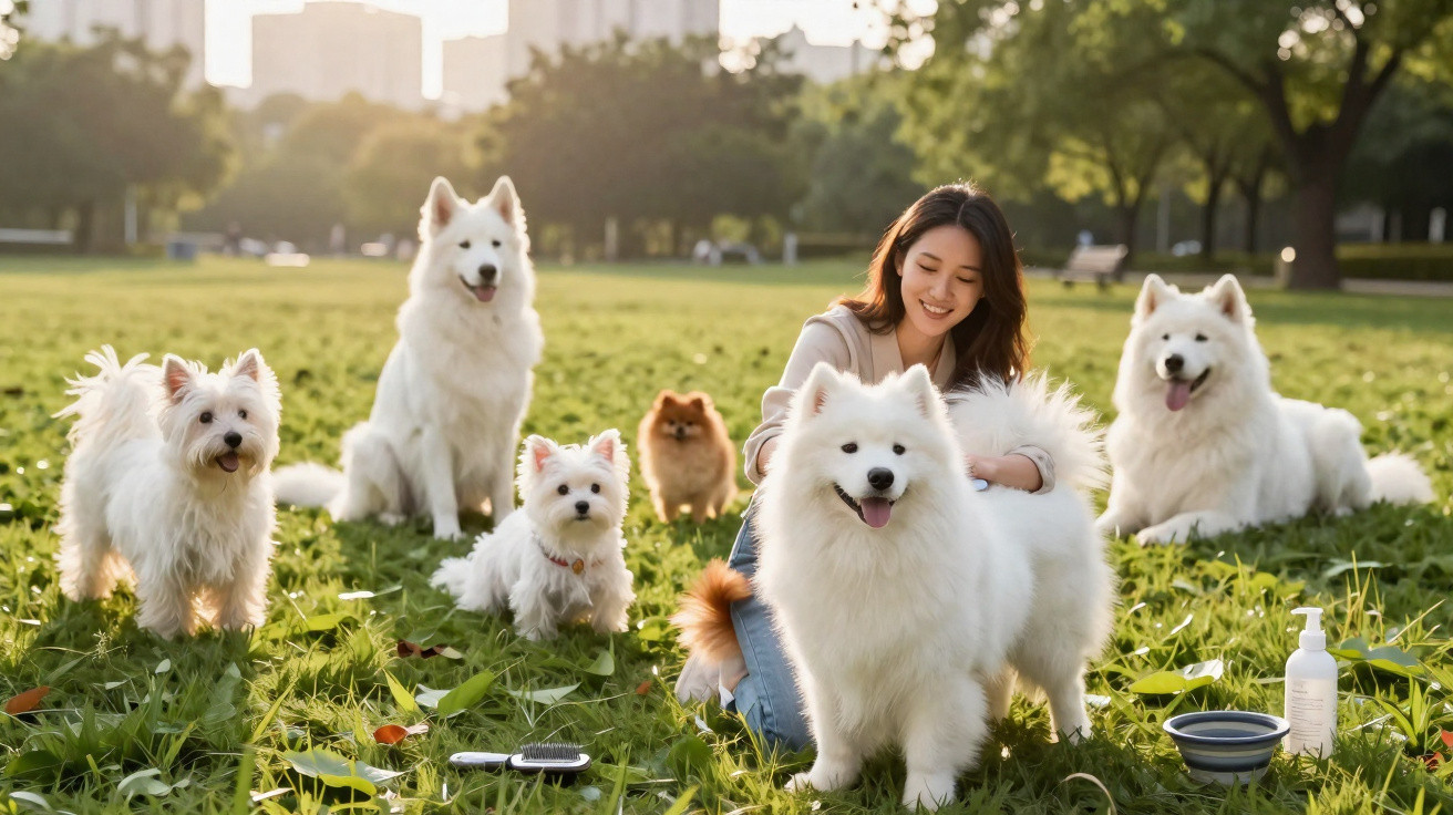 Mulher sentada em relvado com seis cães de diferentes raças, num parque ao final da tarde.