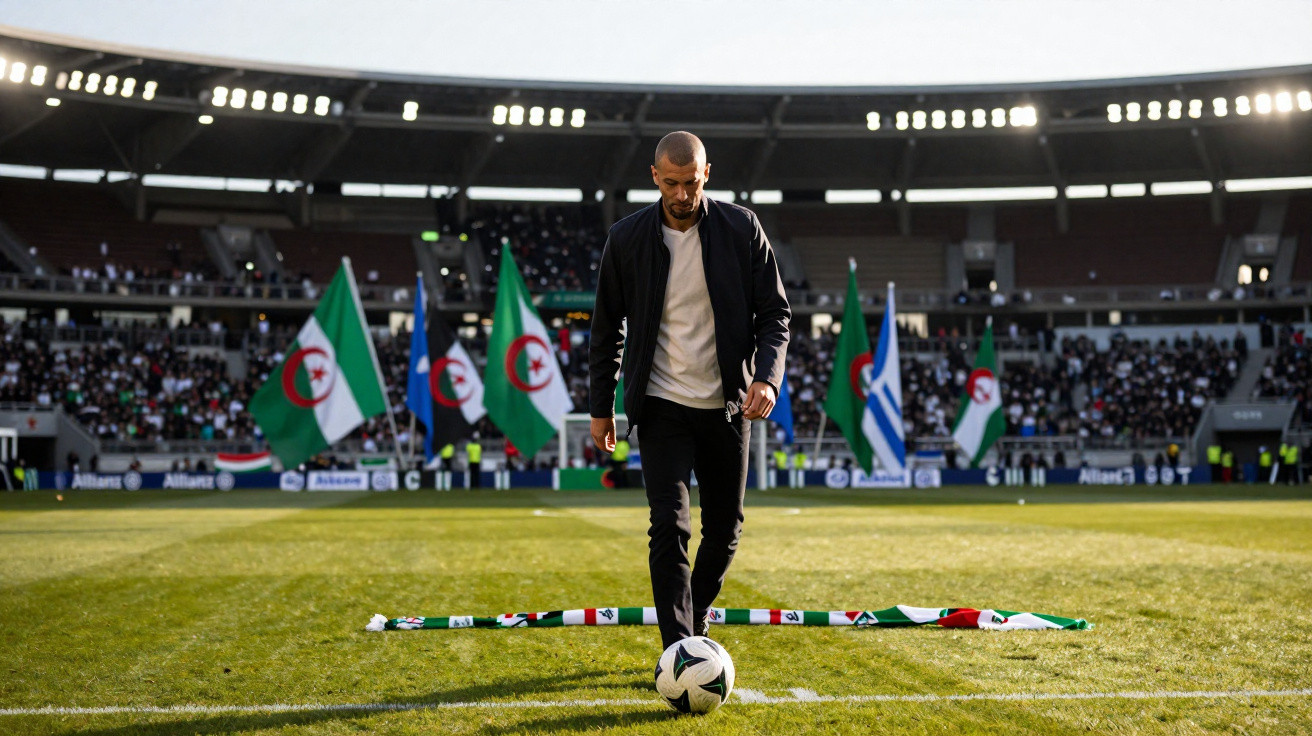Homem num campo de futebol a controlar uma bola com várias bandeiras da Argélia ao fundo num estádio.