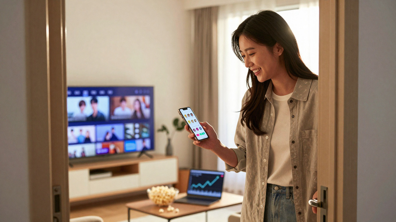 Mulher sorridente segura telemóvel numa sala com televisão e computador portátil com gráficos.