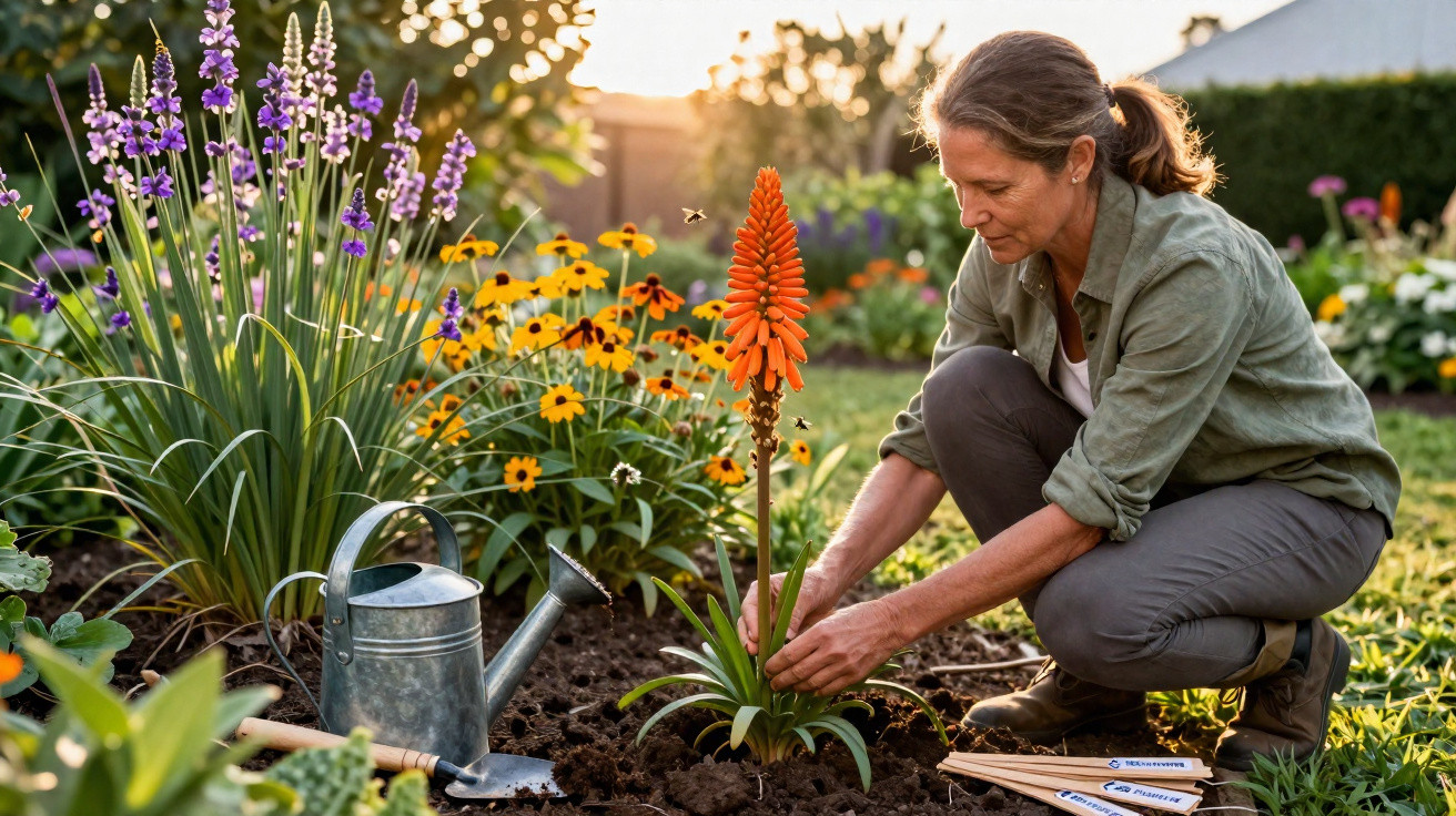 Mulher a plantar flor laranja num jardim com regador e flores coloridas ao entardecer.