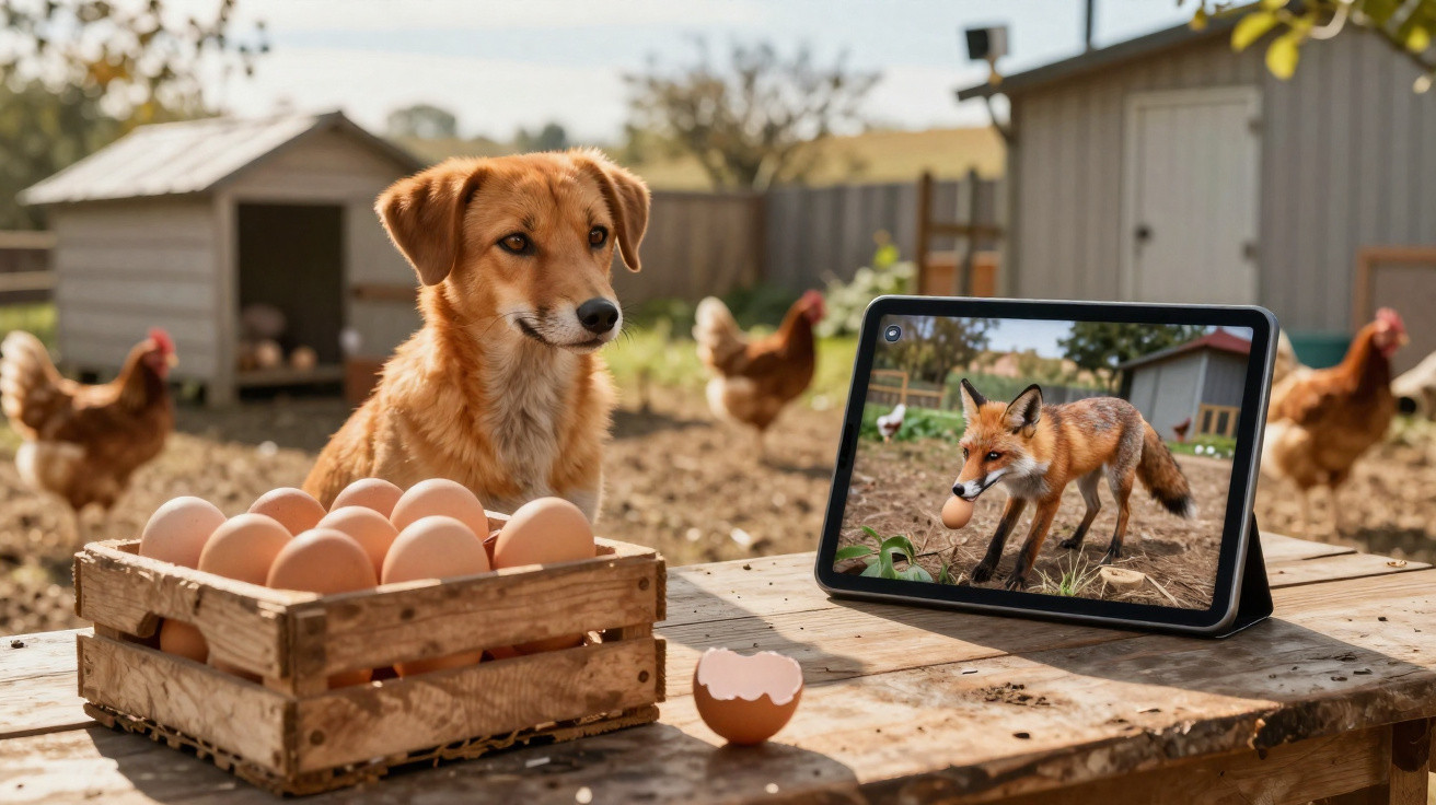 Cão num galinheiro com caixa de ovos e tablet a mostrar raposa a roubar um ovo.
