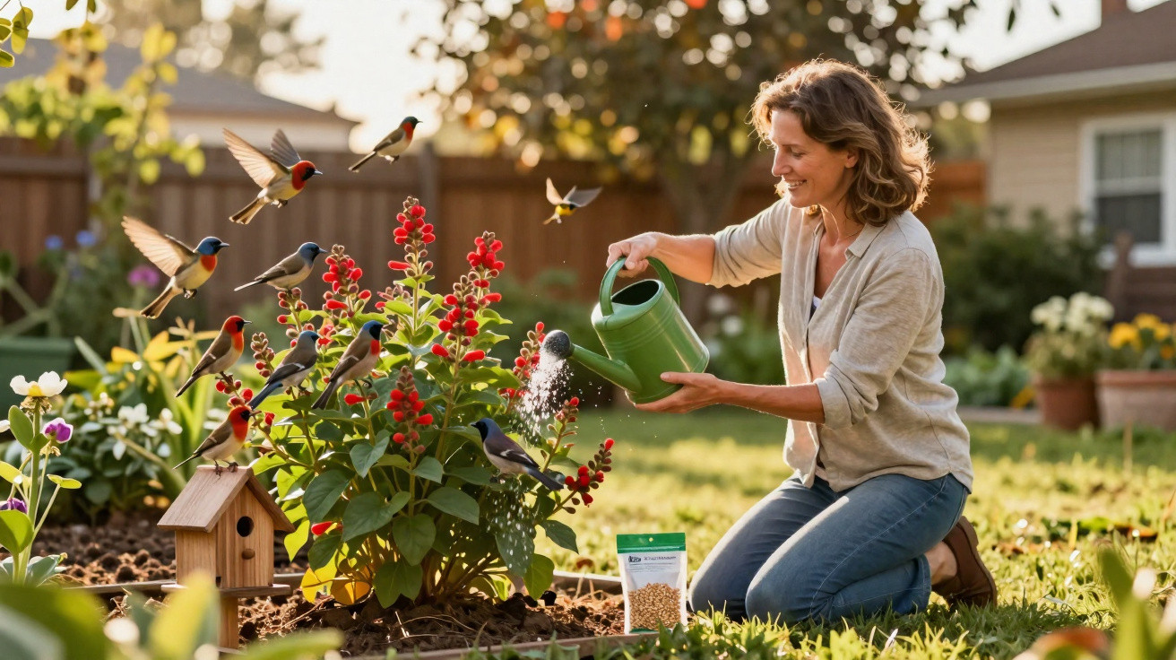 Mulher rega plantas vermelhas num jardim enquanto pássaros pousam à sua volta.