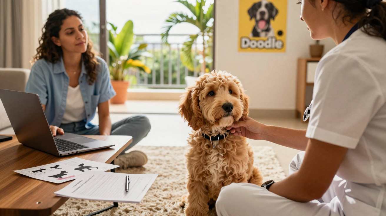 Veterinária examina cão Doodle castanho enquanto dona observa num ambiente doméstico.
