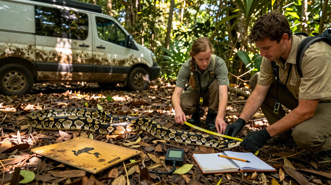 Dois cientistas medem uma grande serpente numa floresta com folhas secas, perto de uma carrinha suja.