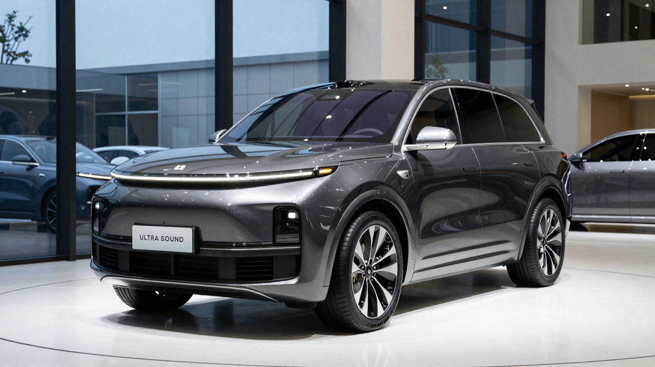 Carro SUV elétrico cinza moderno em exposição numa sala com grandes janelas e iluminação branca.