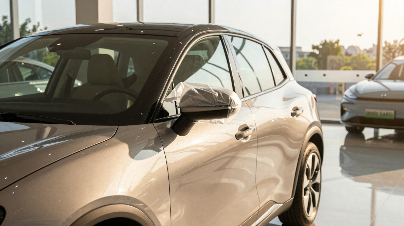 Carro novo cinza estacionado em exposição com espelho retrovisor coberto por proteção plástica.