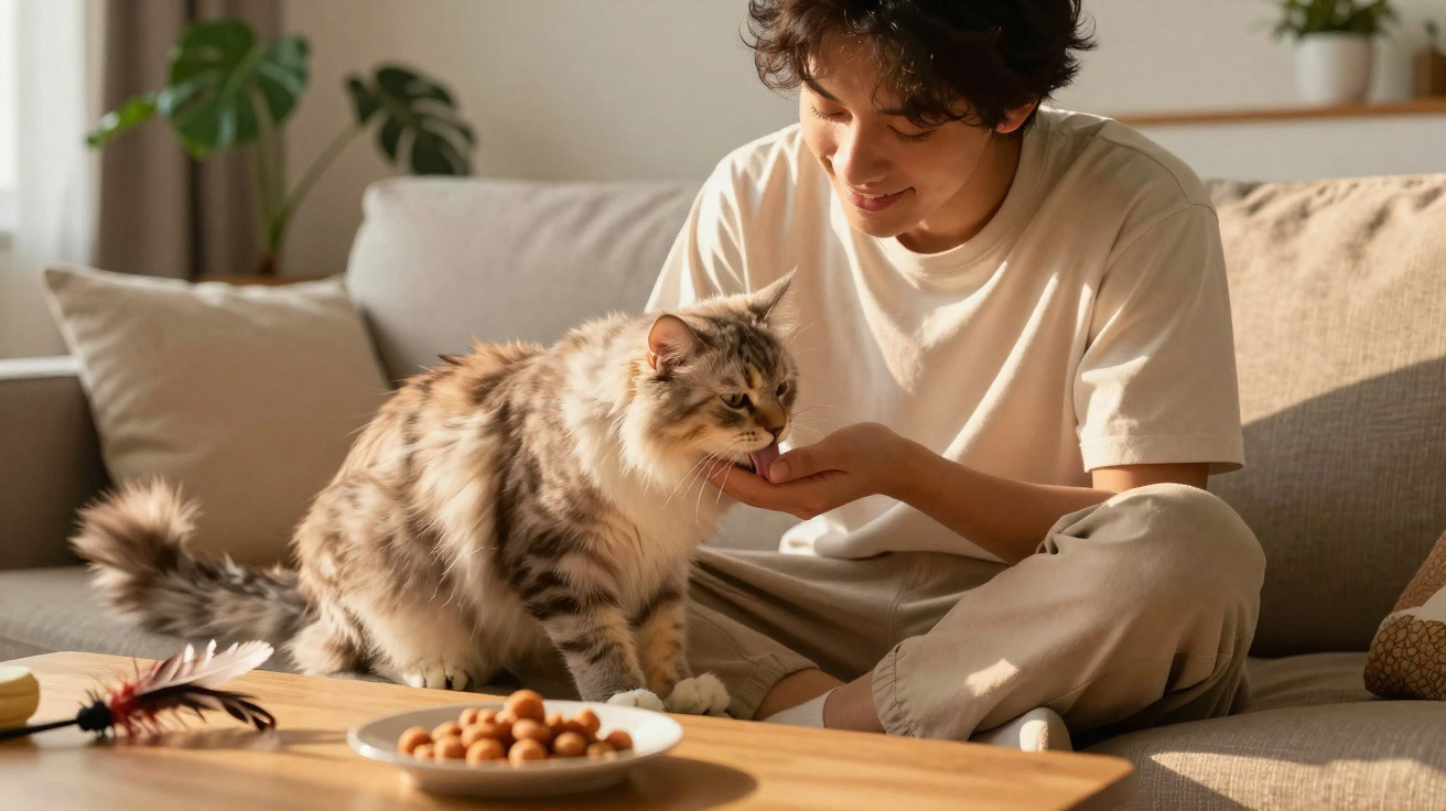 Pessoa sentada no sofá a alimentar um gato longo e peludo com a mão.