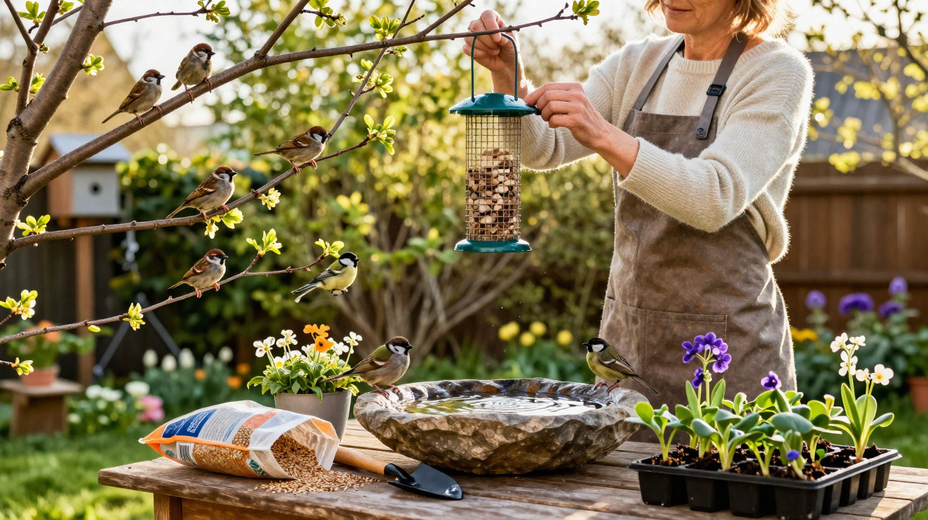 Mulher a pendurar comedouro para pássaros num jardim com vários passarinhos e flores ao redor.