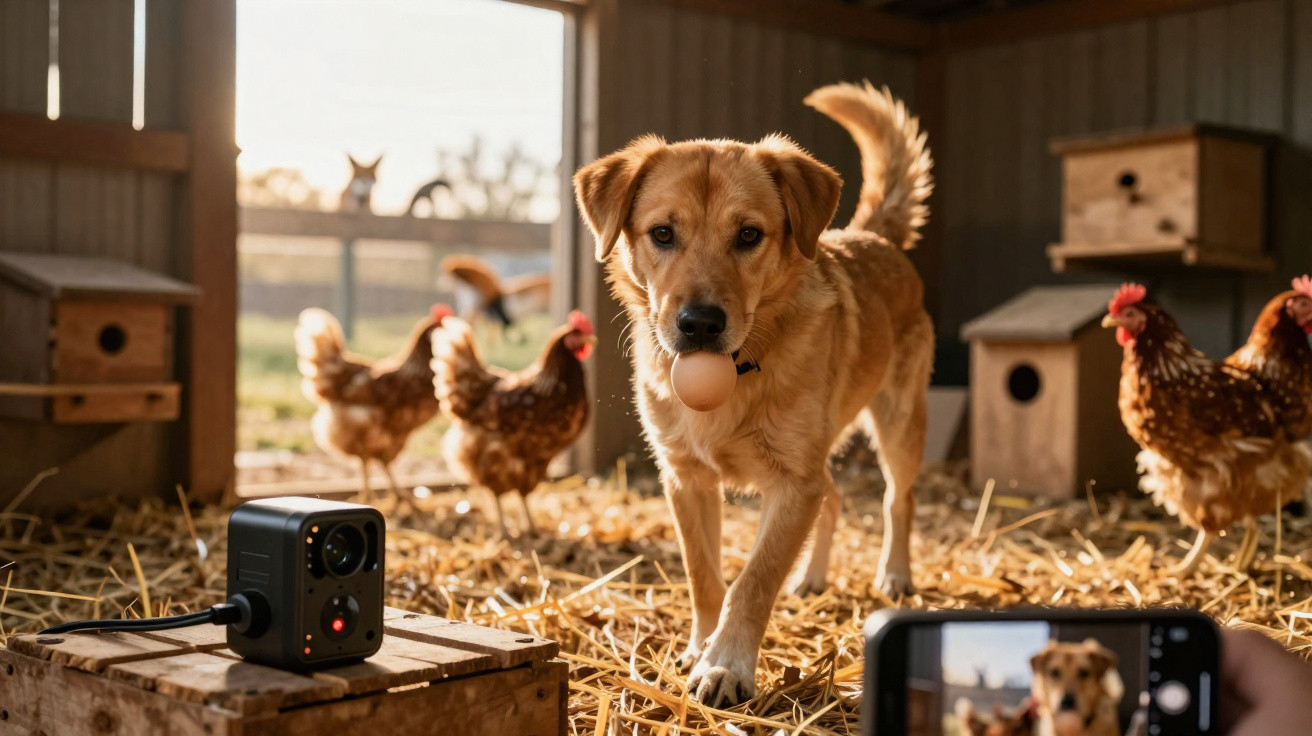 Cão com um ovo na boca num galinheiro cheio de galinhas, enquanto é fotografado com telemóvel.