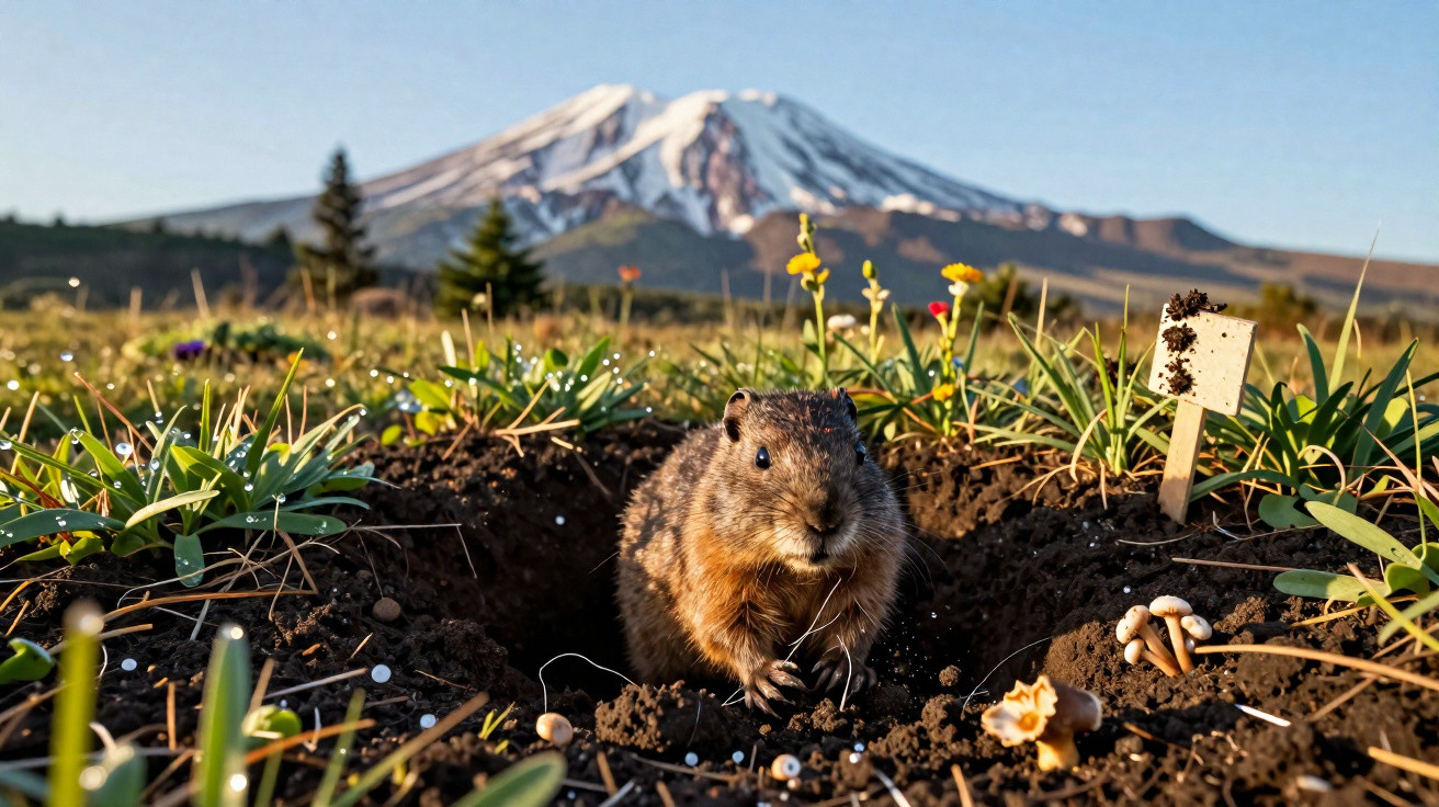 Pequeno roedor numa toca no campo com flores e montanha nevada ao fundo ao amanhecer.