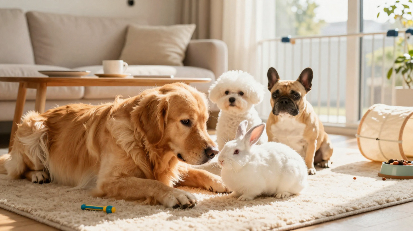 Cão golden retriever, cão poodle e cão buldogue com um coelho branco num tapete numa sala iluminada.