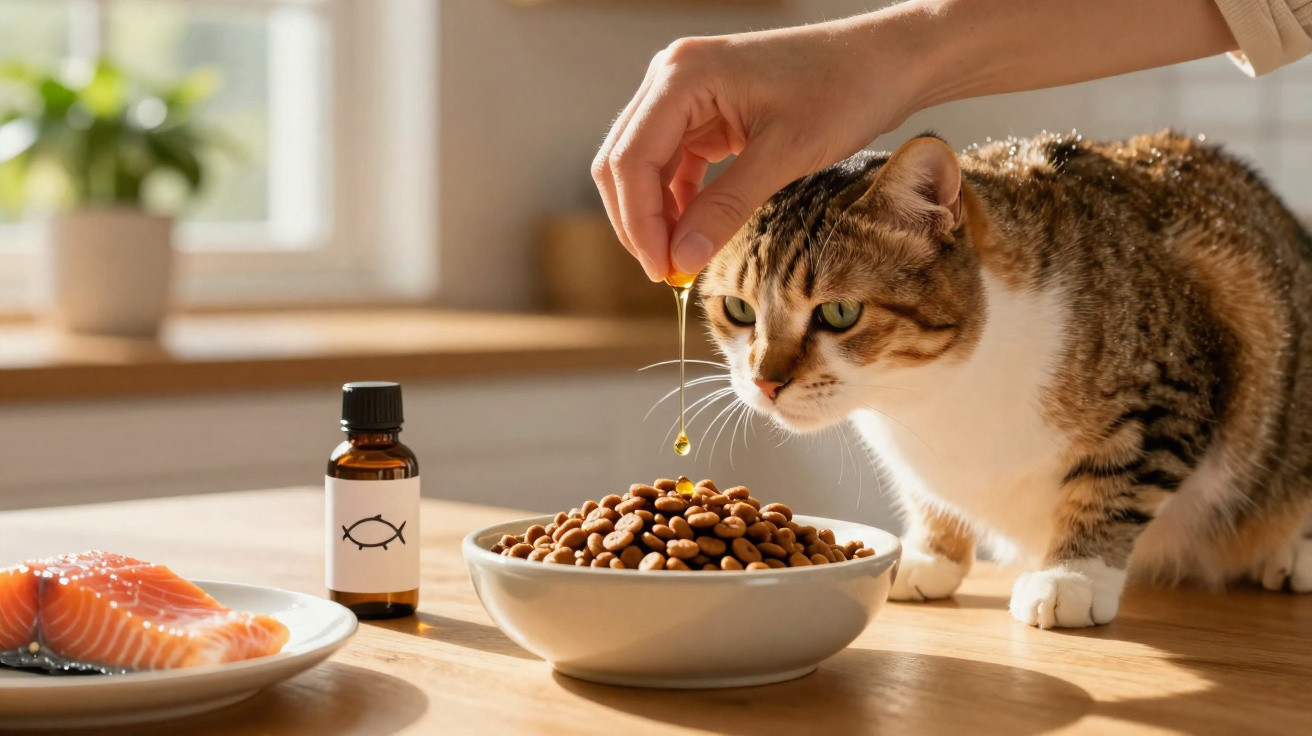 Gato a ser servido com óleo sobre a comida seca numa taça, com salmão e frasco ao lado numa mesa de cozinha.