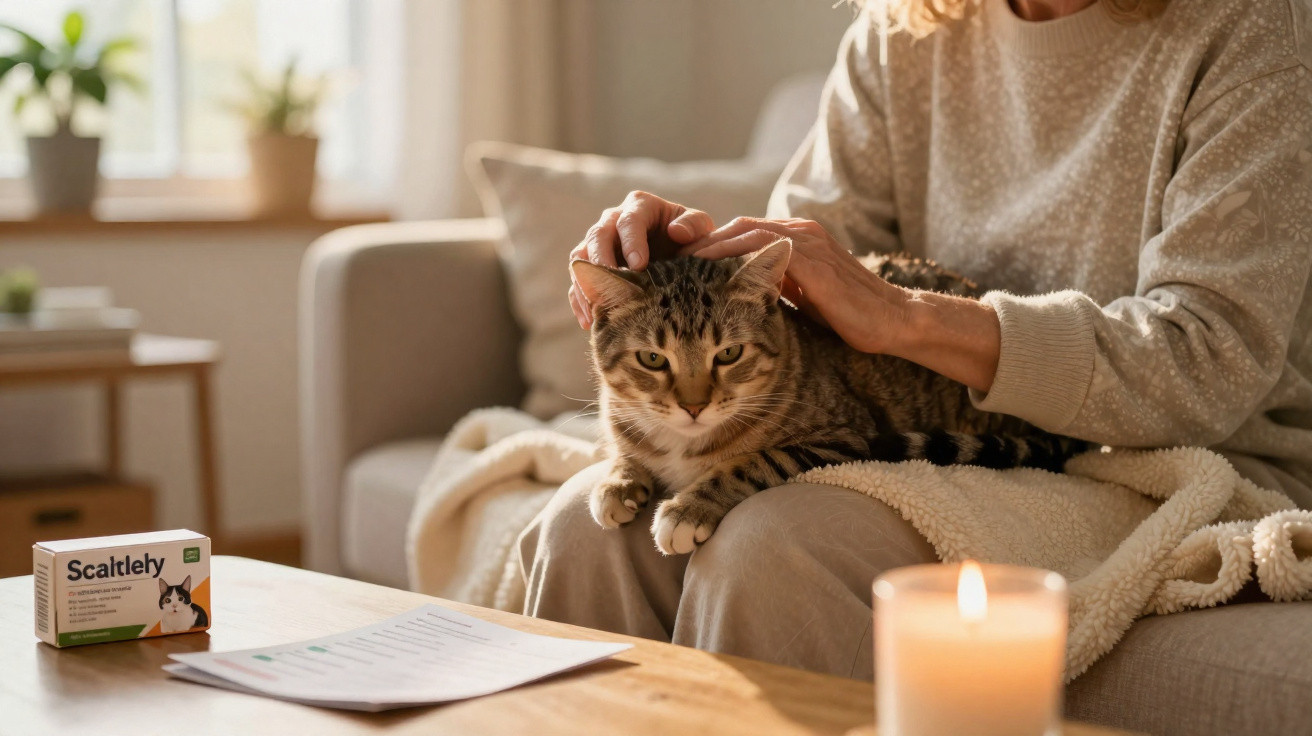 Pessoa acariciando um gato tigrado sentado no colo num ambiente acolhedor com uma vela acesa sobre a mesa.