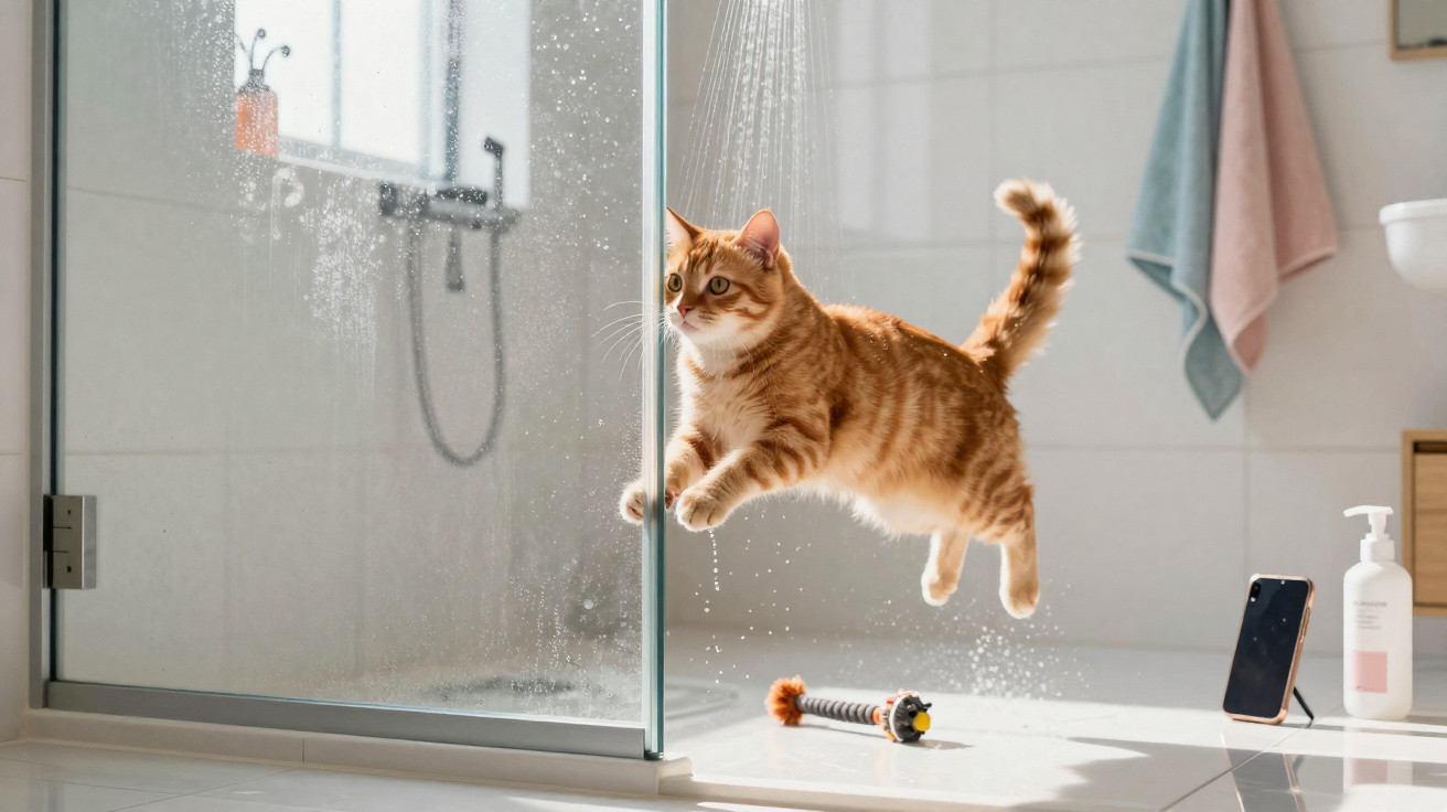 Gato laranja a saltar no chão de uma casa de banho clara com chuveiro de vidro.