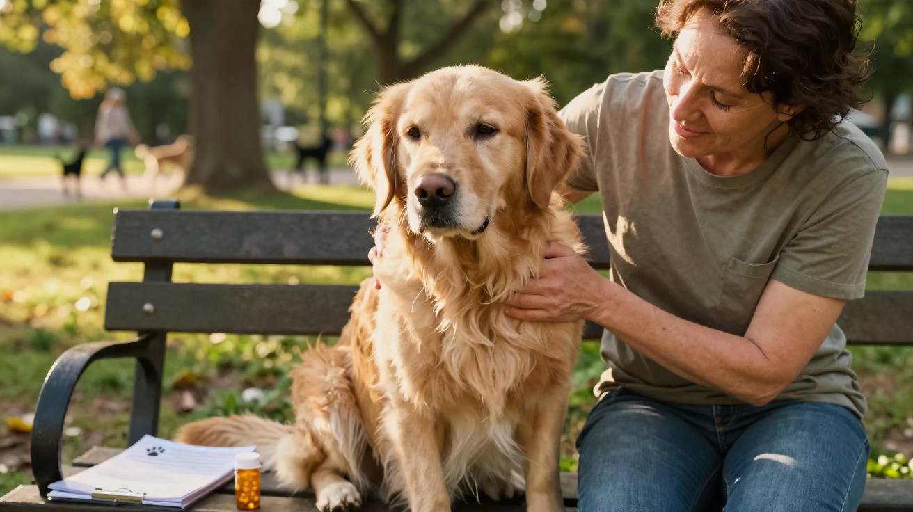 Mulher sentada num banco no parque a acariciar um cão golden retriever ao seu lado, com medicamentos e bloco de notas.