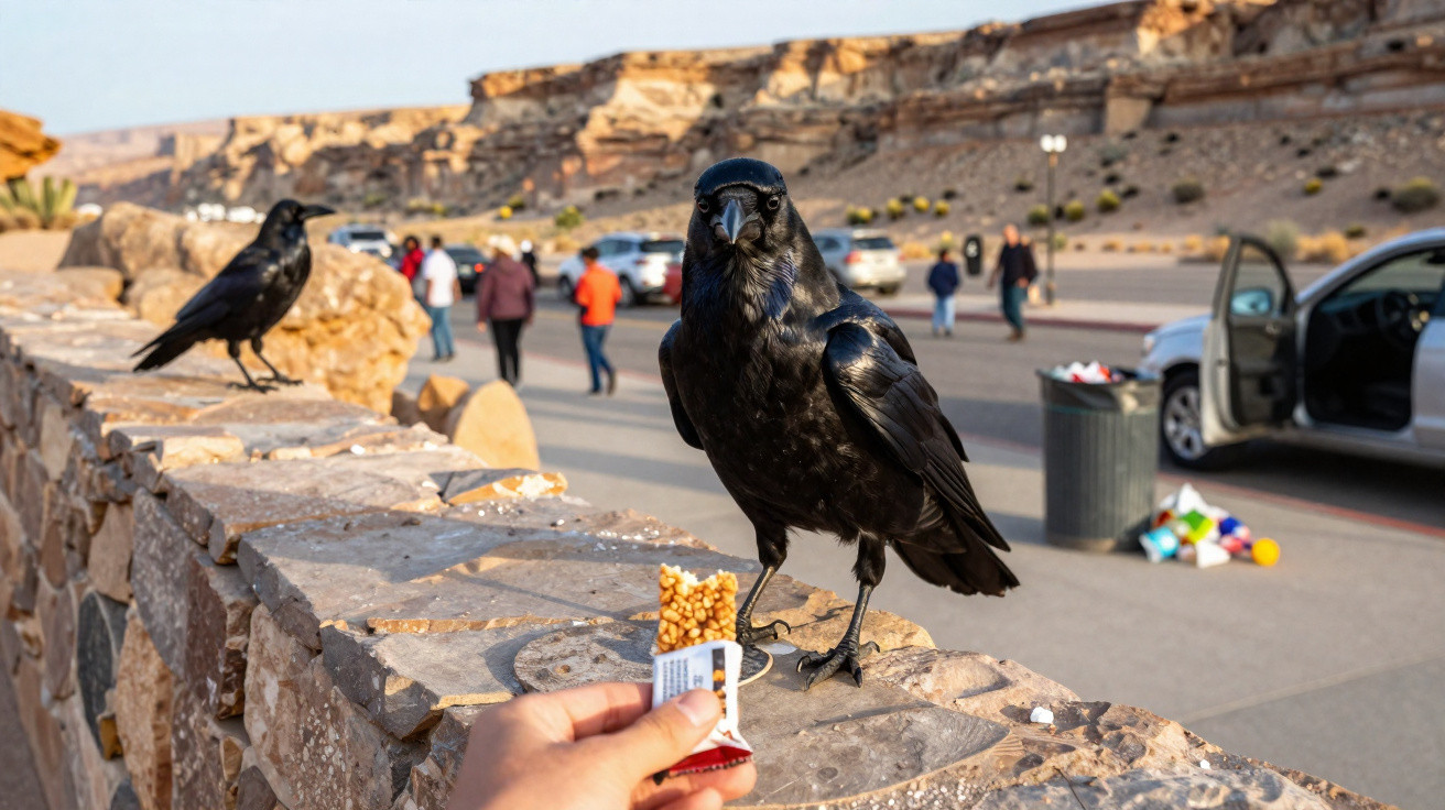 Pessoas num parque com carro aberto, e um corvo preto pousado numa parede de pedra a receber comida das mãos.
