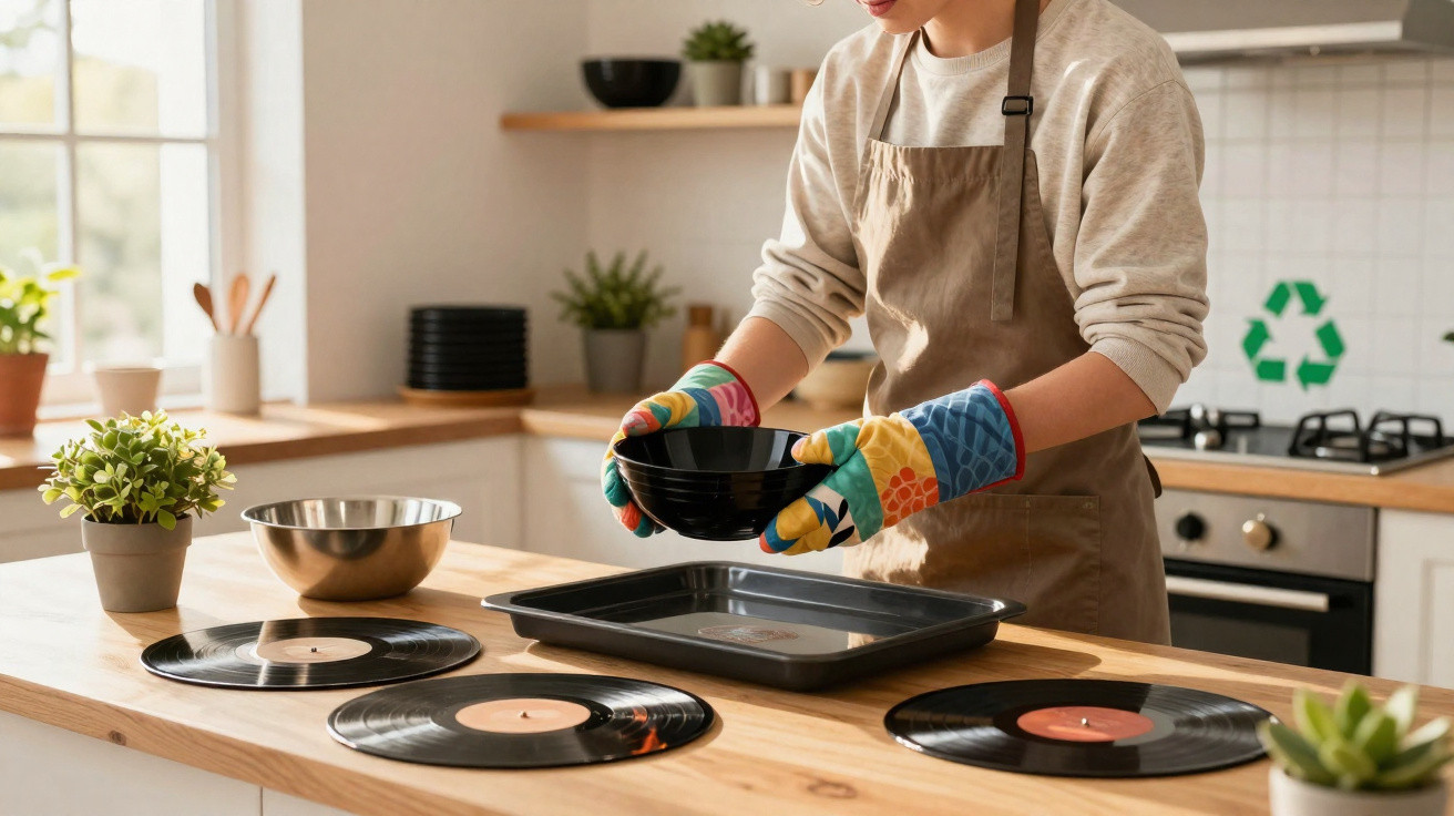 Pessoa com avental a cozinhar e a segurar uma tigela preta numa cozinha com discos de vinil numa bancada.