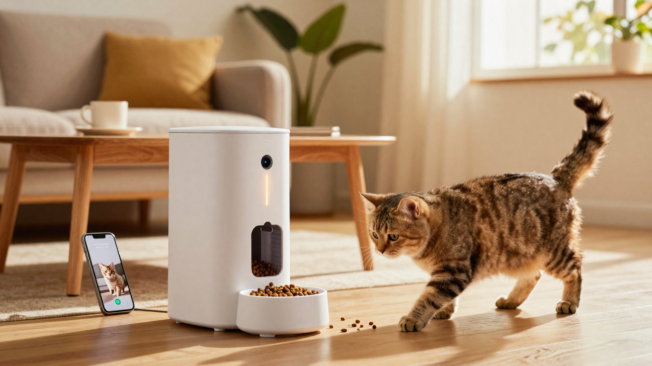 Gato a aproximar-se de comedouro automático com ração, ao lado de telemóvel com app aberta numa sala iluminada.