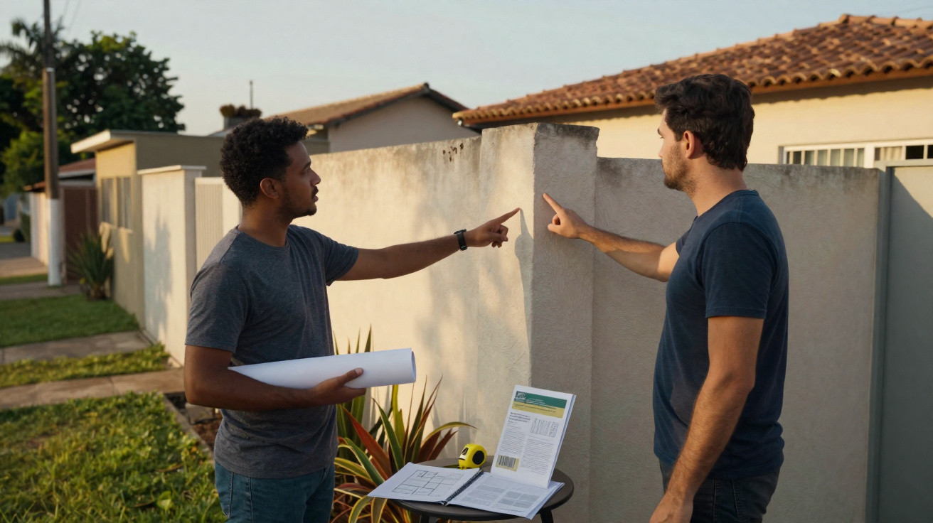 Dois homens discutem ao lado de uma parede exterior, com plantas e documentos de construção numa mesa.