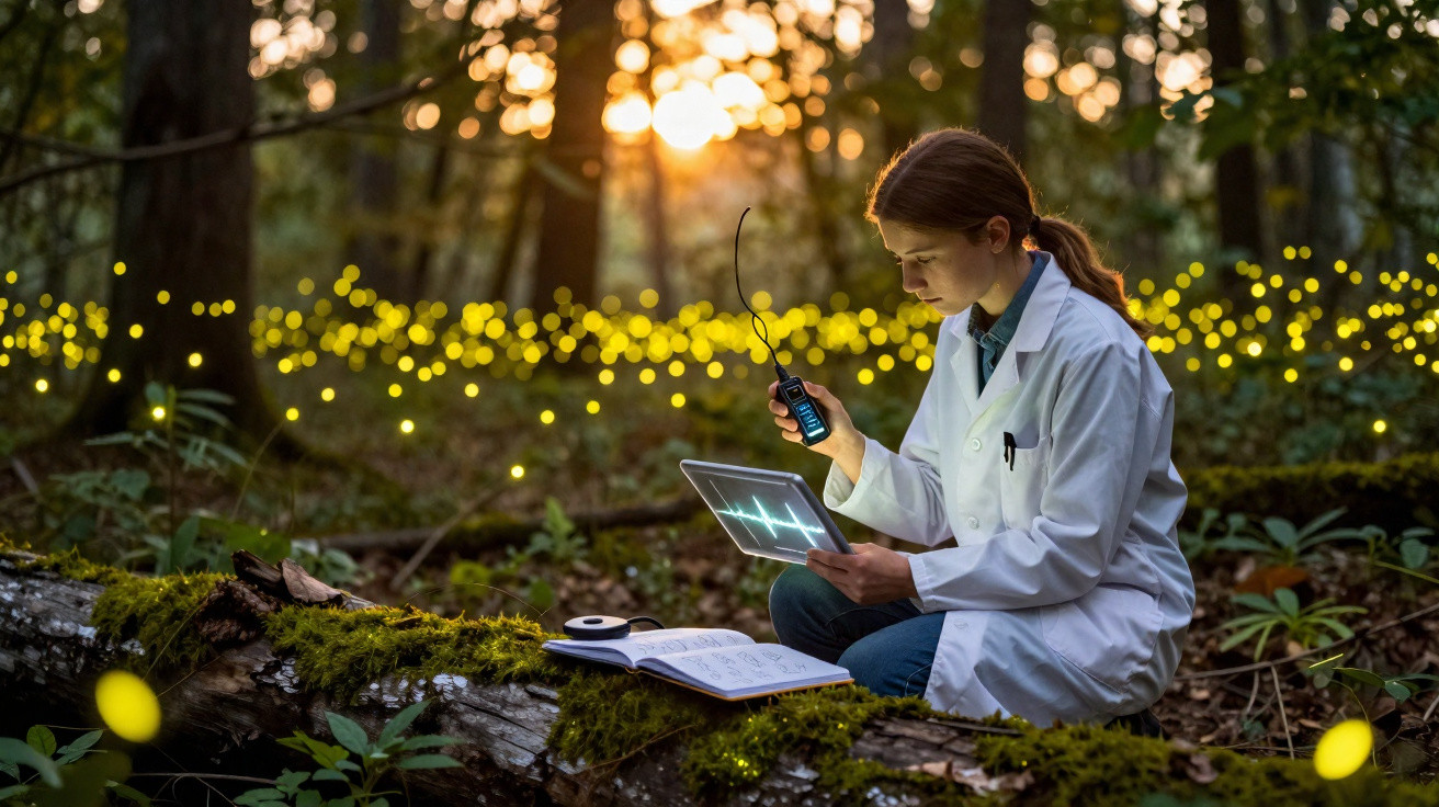 Cientista em bata branca estuda fogos-fátuos na floresta ao pôr do sol com tablet e rádio.