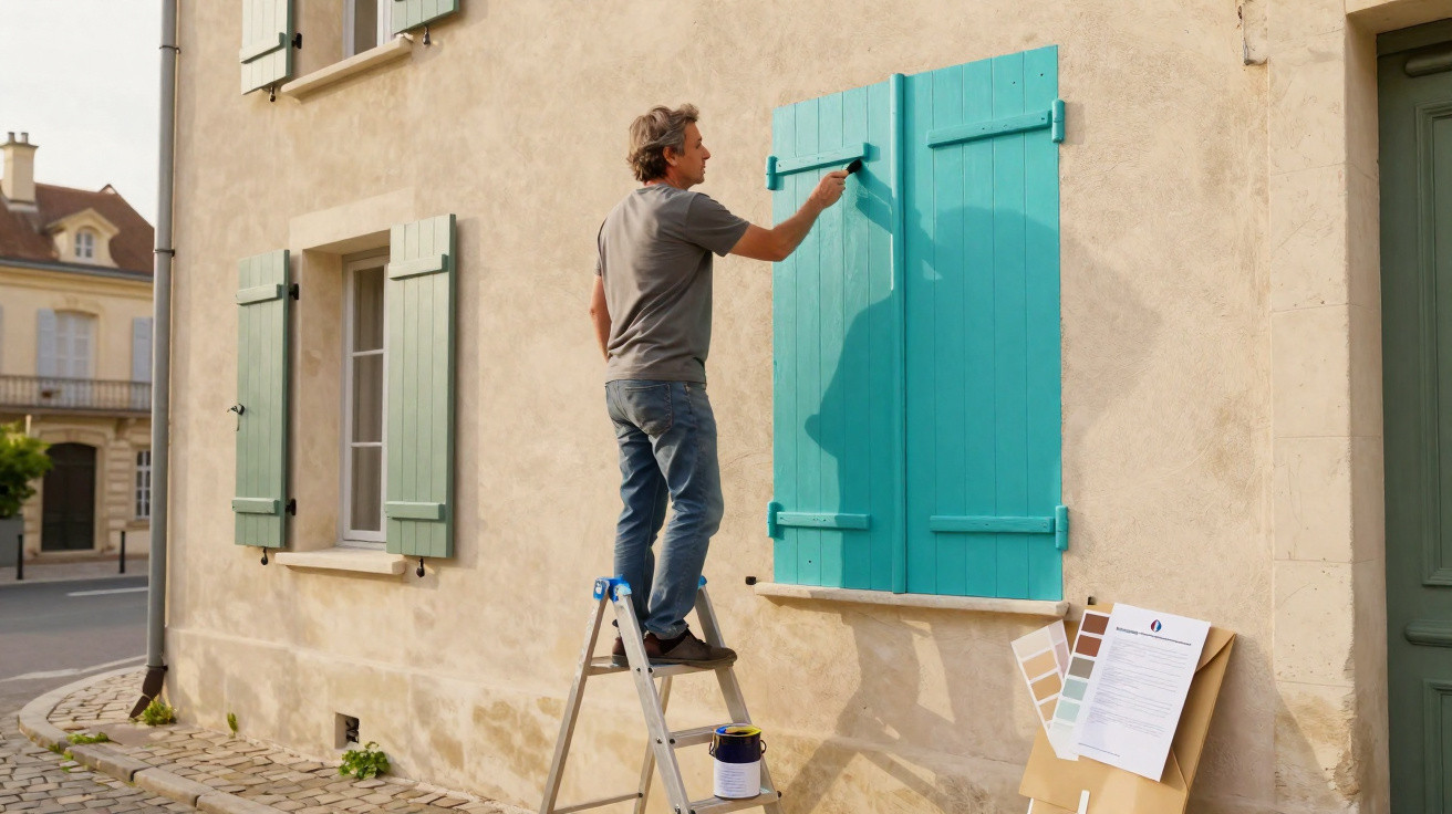 Homem em escada a pintar de azul as persianas de uma casa antiga numa rua de paralelepípedos.