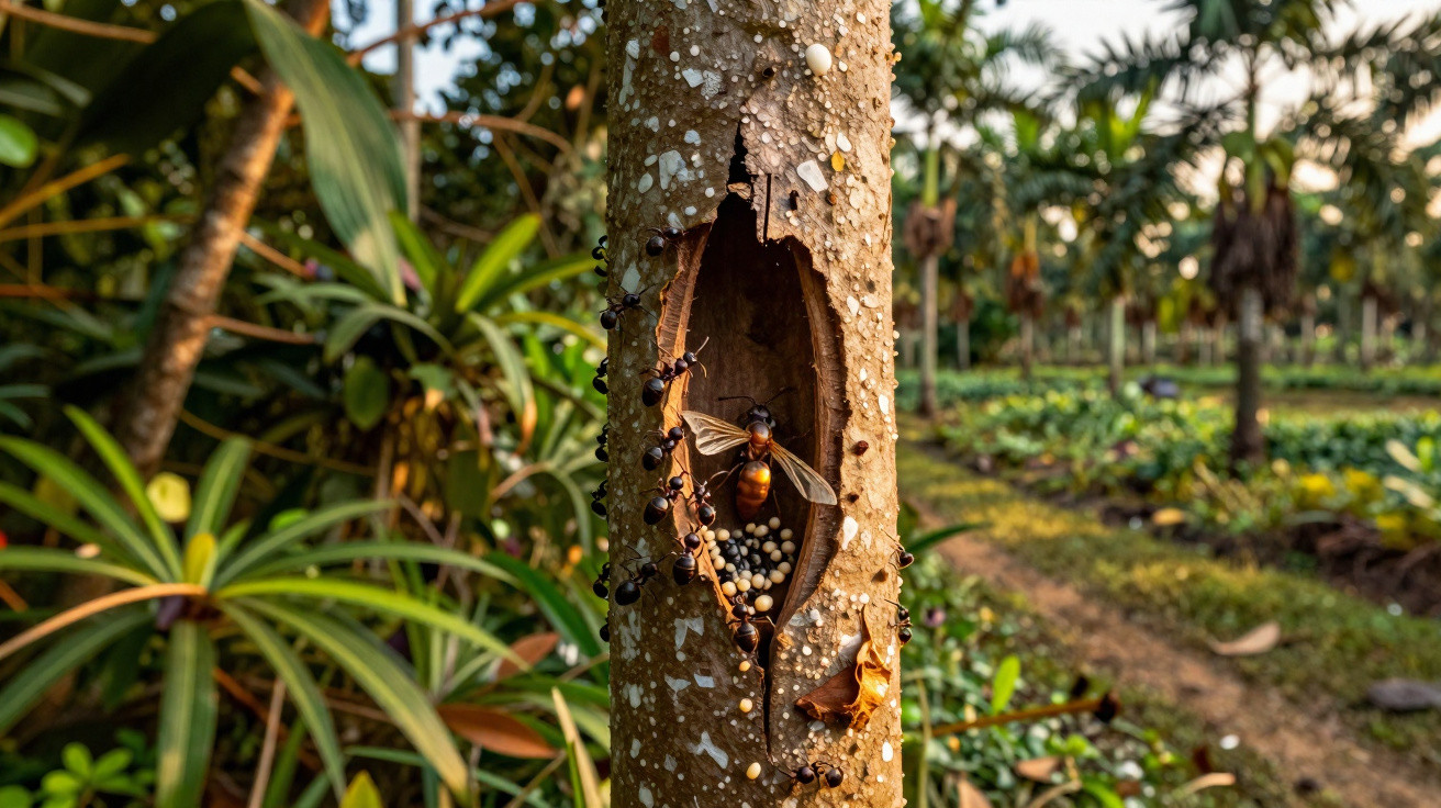 Formigueiro natural com formigas e uma abelha dentro de um tronco oco numa área verde de plantas tropicais.