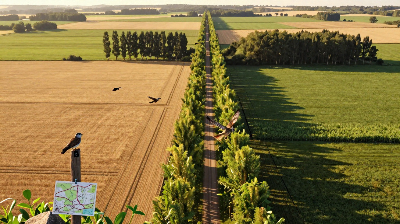 Estrada florestal longa com árvores ao centro e campos agrícolas verdes e dourados de cada lado ao pôr do sol.