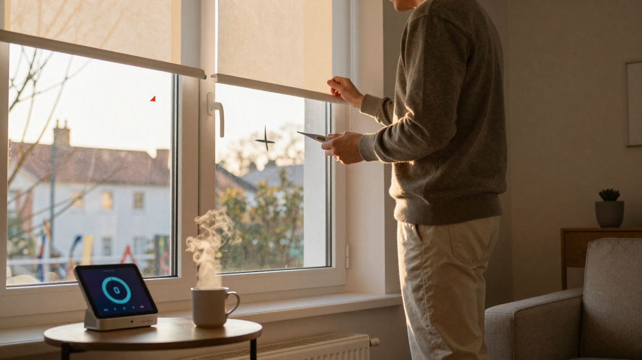 Pessoa com telemóvel ao pé de janela, mesa com dispositivo digital e chá quente num ambiente acolhedor.