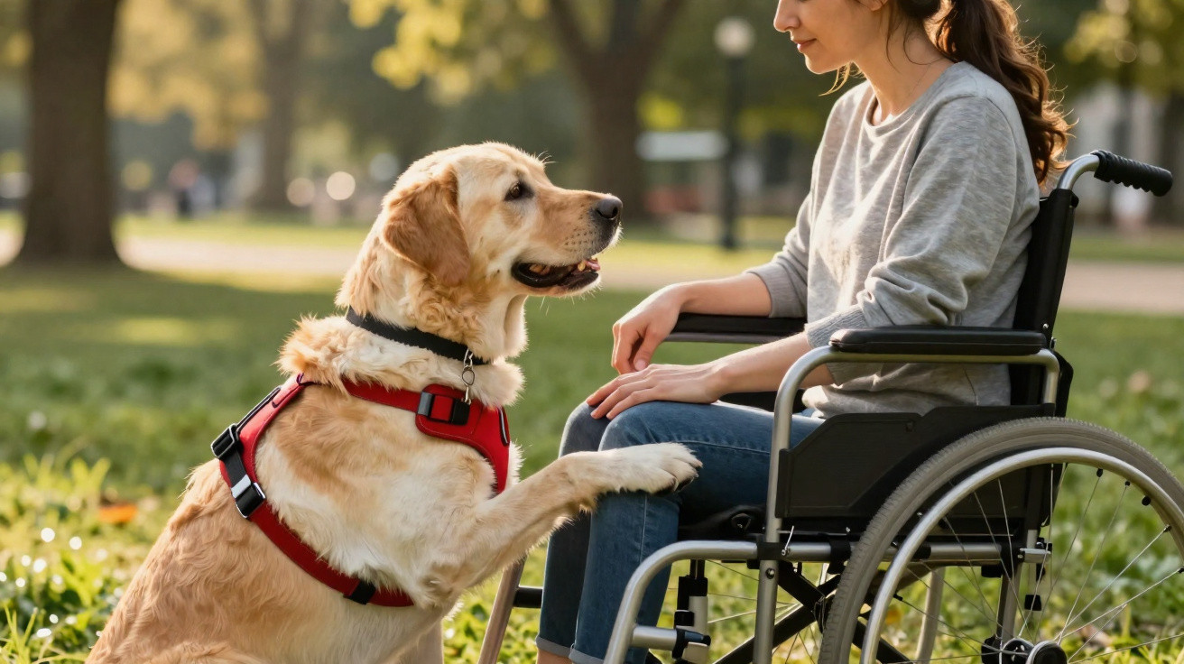 Mulher em cadeira de rodas interage com cão golden retriever num parque ao ar livre.