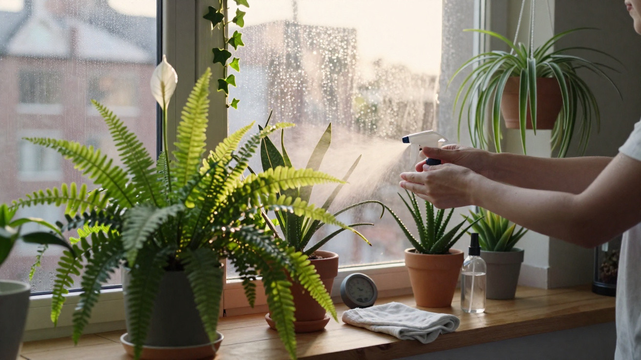 Pessoa a pulverizar água em plantas em vasos numa janela com vista para edifícios.