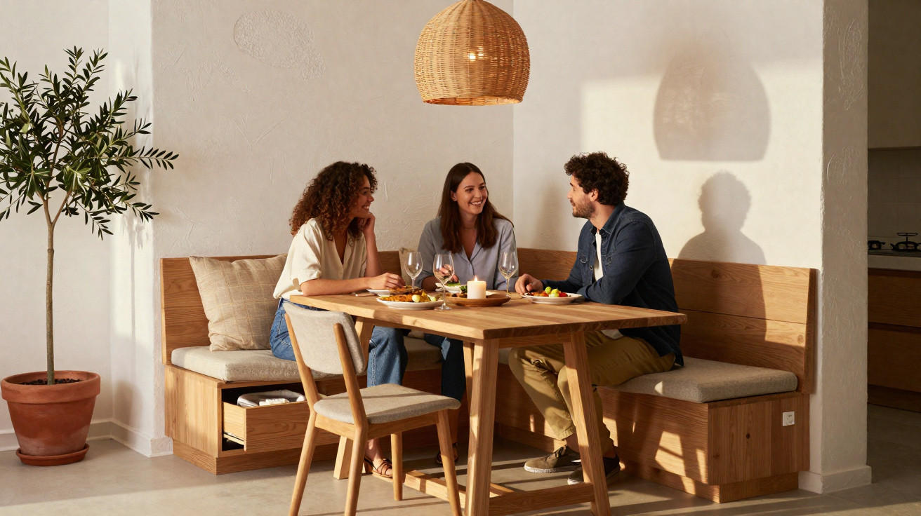 Três pessoas sentadas à mesa de madeira numa sala iluminada, conversando e a fazer uma refeição.