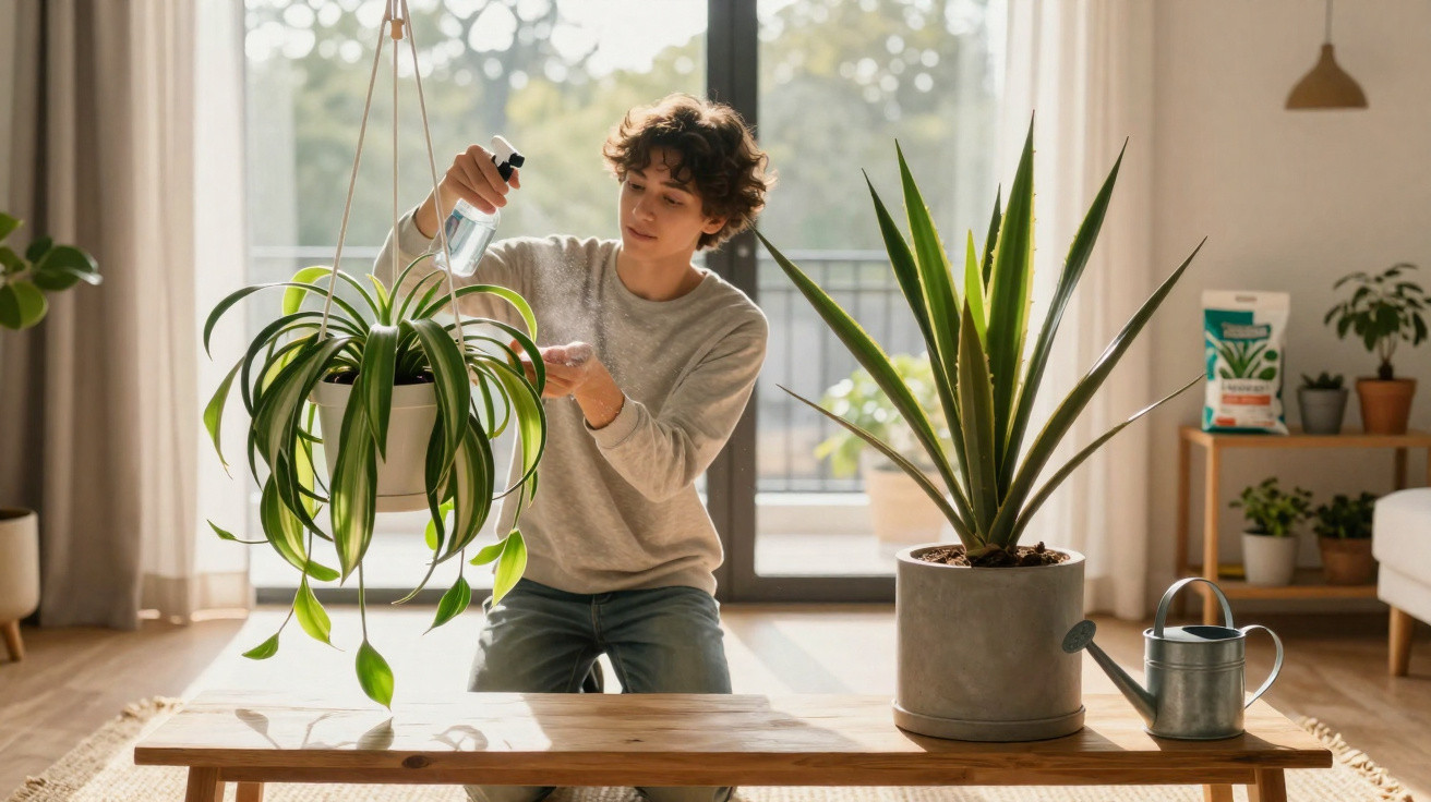Pessoa a regar planta suspensa dentro de casa com luz natural a entrar pela janela grande.