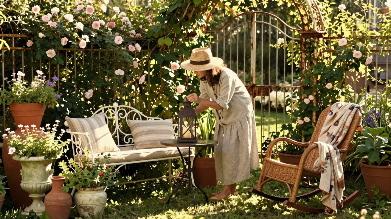 Mulher com vestido longo e chapéu cuida de ornamentação num jardim com bancos, flores e cadeiras de verga.