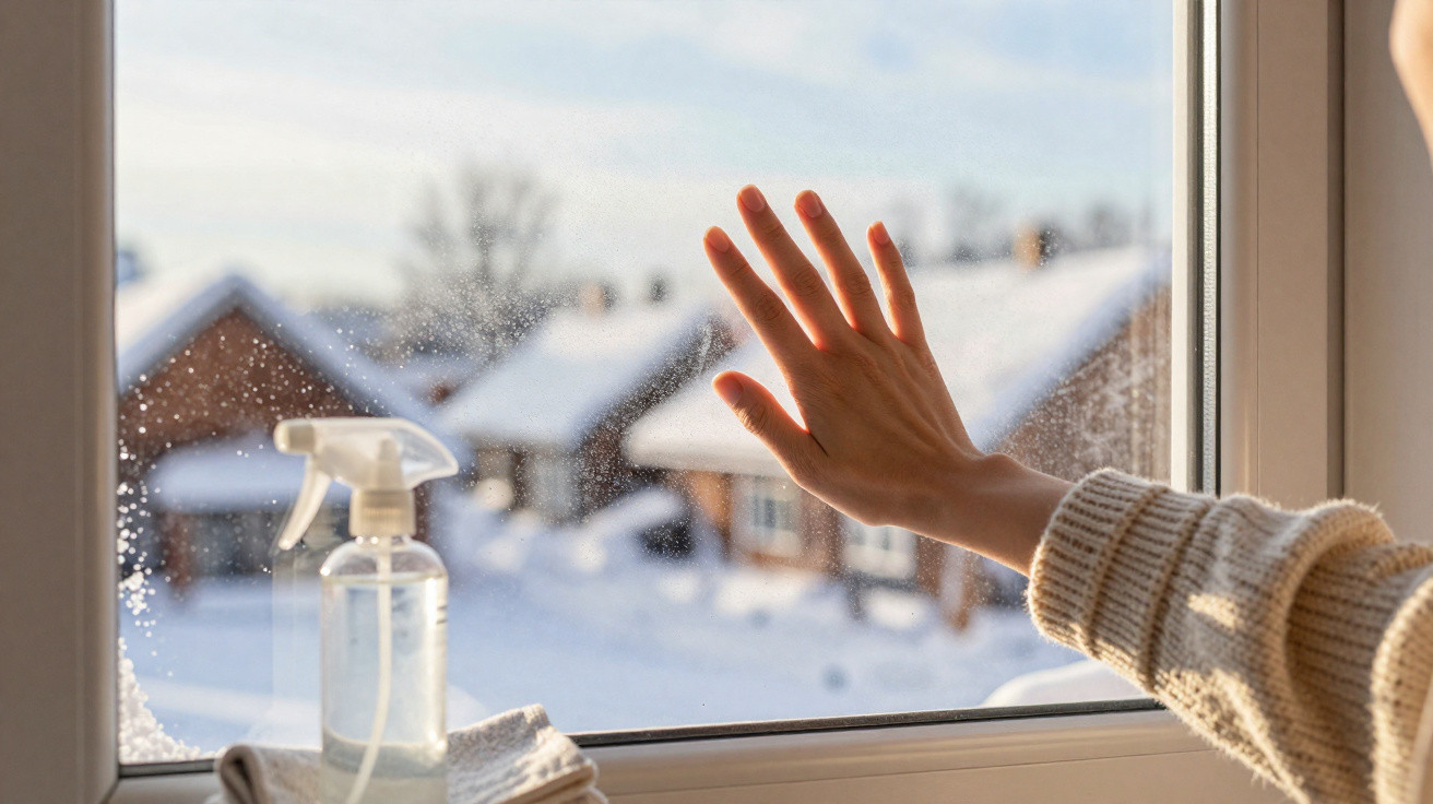 Mão perto de janela com vista para casas cobertas de neve e frasco de spray para limpeza no parapeito.